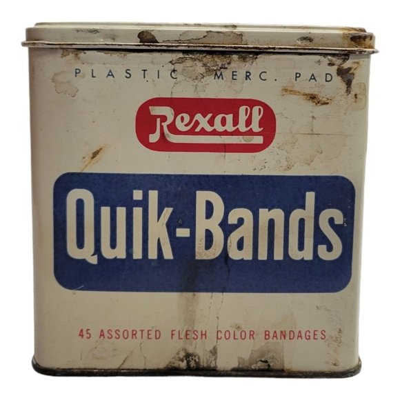 Vintage Rexall Quik Bands Metal Tin Box Pro Cap Bandages Empty Retro First Aid - Picture 1 of 11